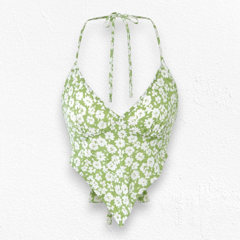 Floral Green White Handkerchief Hem V Neck Halter Tie Back Tank Top Size Medium